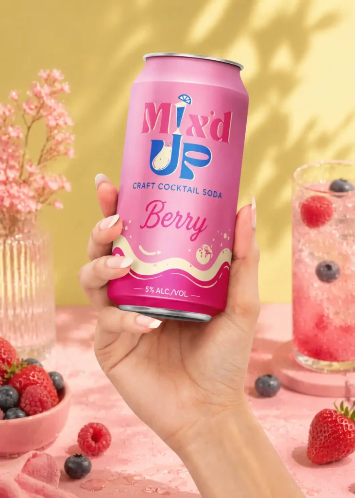 Mix’d Up Berry cocktail soda packaging design with vibrant pink beverage branding