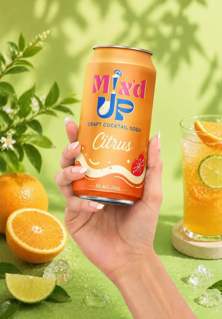 Mix’d Up Citrus craft cocktail soda can packaging design with fresh orange branding visuals