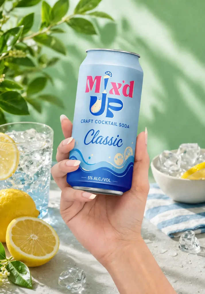 Mix’d Up Classic cocktail soda can packaging design with refreshing blue visual identity