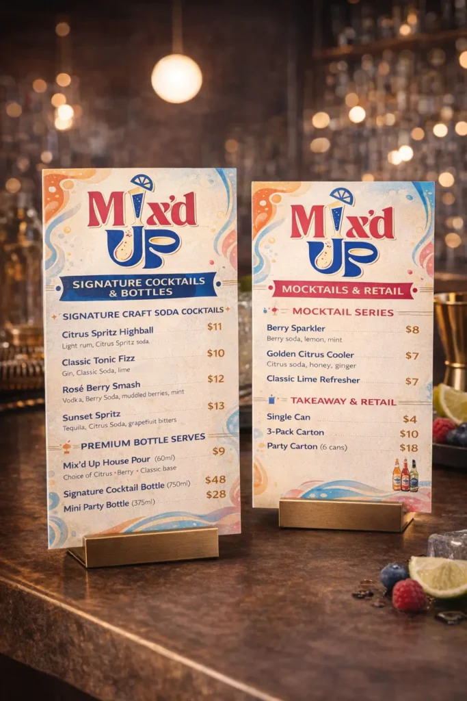 Mix’d Up branded cocktail and mocktail menu design showcasing beverage identity system