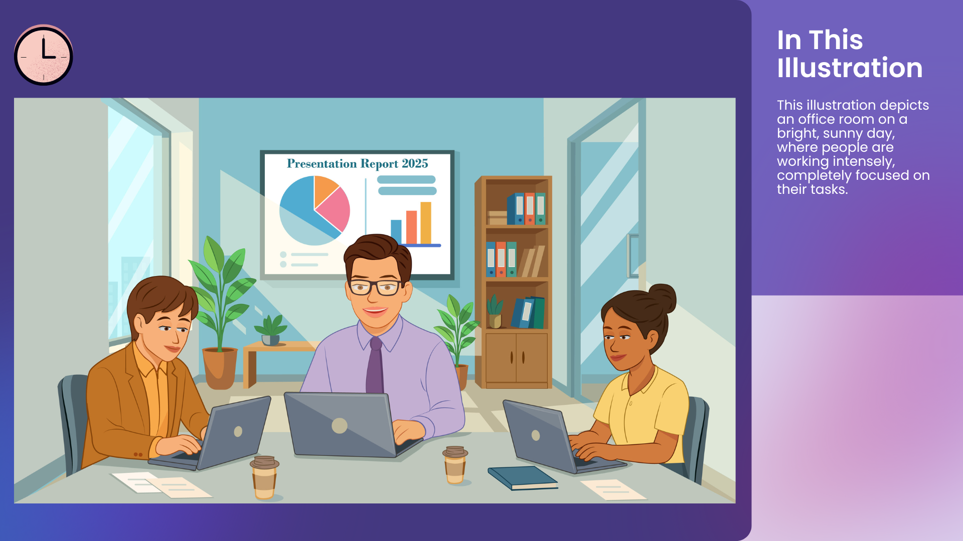 Corporate office illustration showing a workplace team collaboration scene created for explainer video storytelling and business communication design