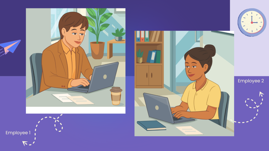 Corporate workplace collaboration illustration featuring employees working together in a modern office environment