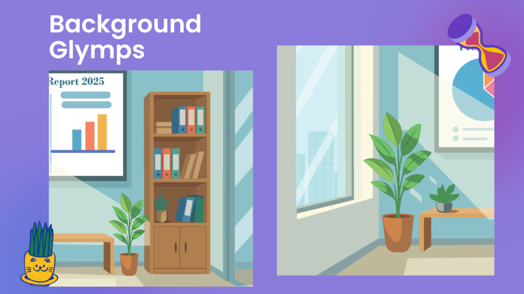Modern office interior background illustration with workspace elements created for animated explainer video scenes