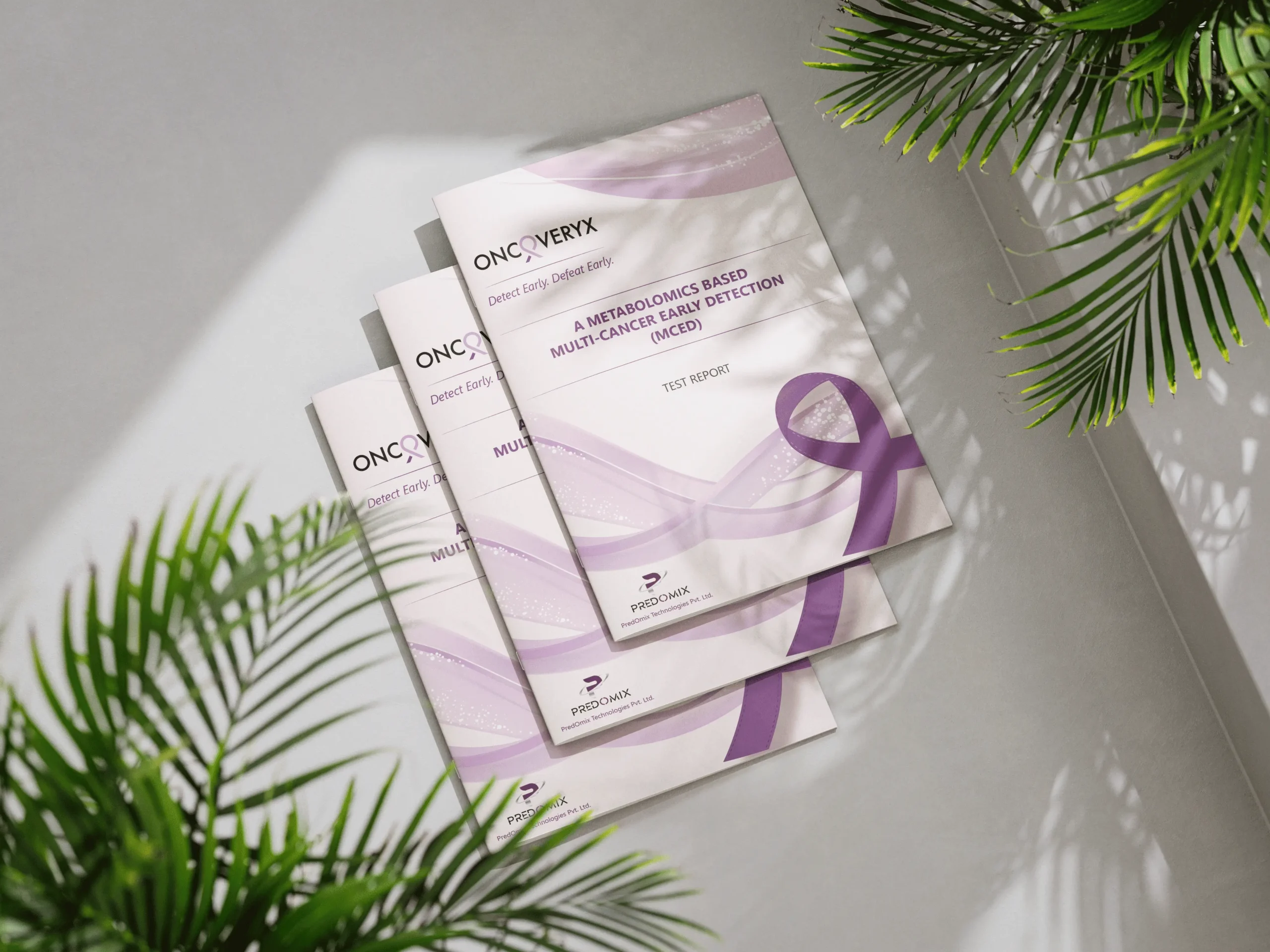 OncoverYX multi cancer early detection report booklet mockup with healthcare branding and awareness ribbon design