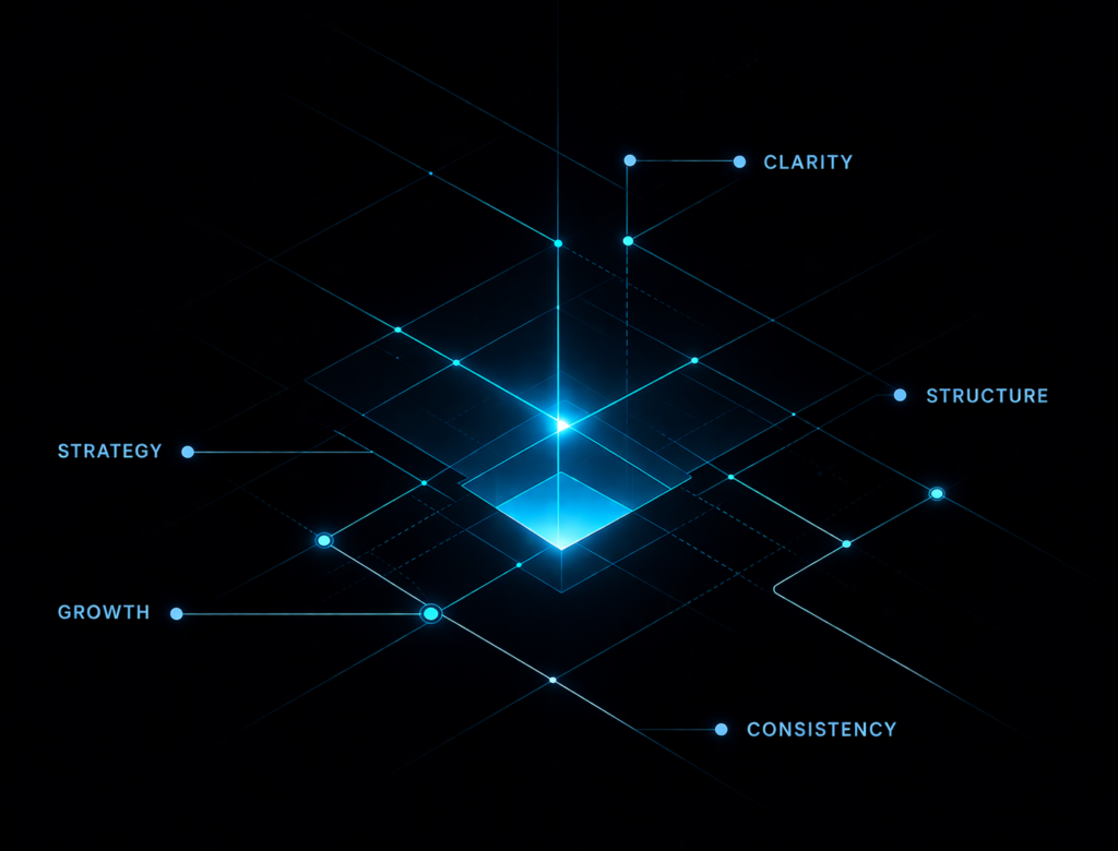 Futuristic geometric network illustration representing clarity, structure, strategy, and brand consistency