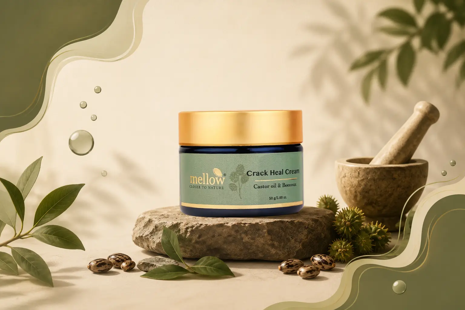 Mellow Ayurveda foot care campaign hero banner featuring premium crack heel cream packaging focused branding design by Vissora Design Studio