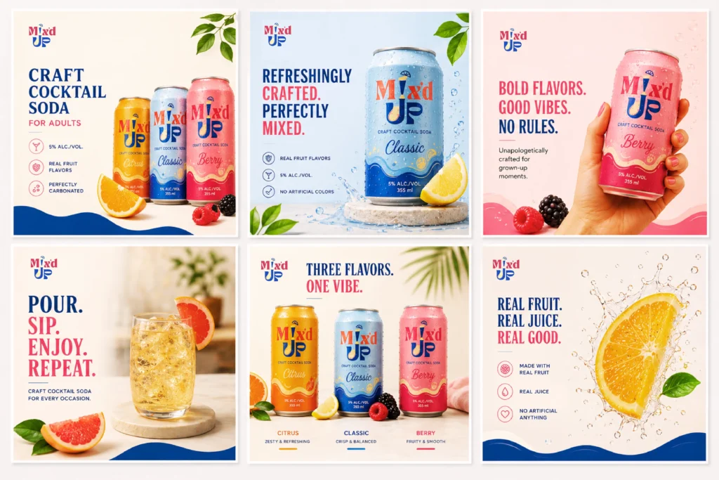 Social media marketing creatives for Mix’d Up cocktail soda beverage branding campaign