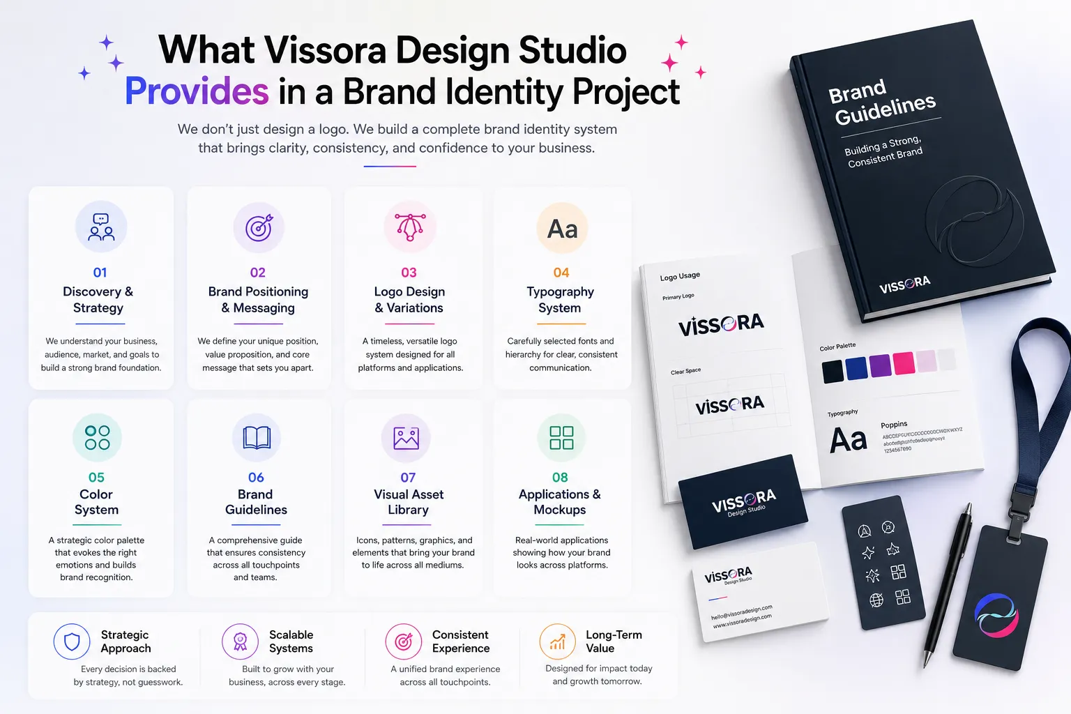 Brand identity design services in India including brand strategy, logo design, visual identity systems, brand guidelines, and marketing assets by Vissora Design Studio