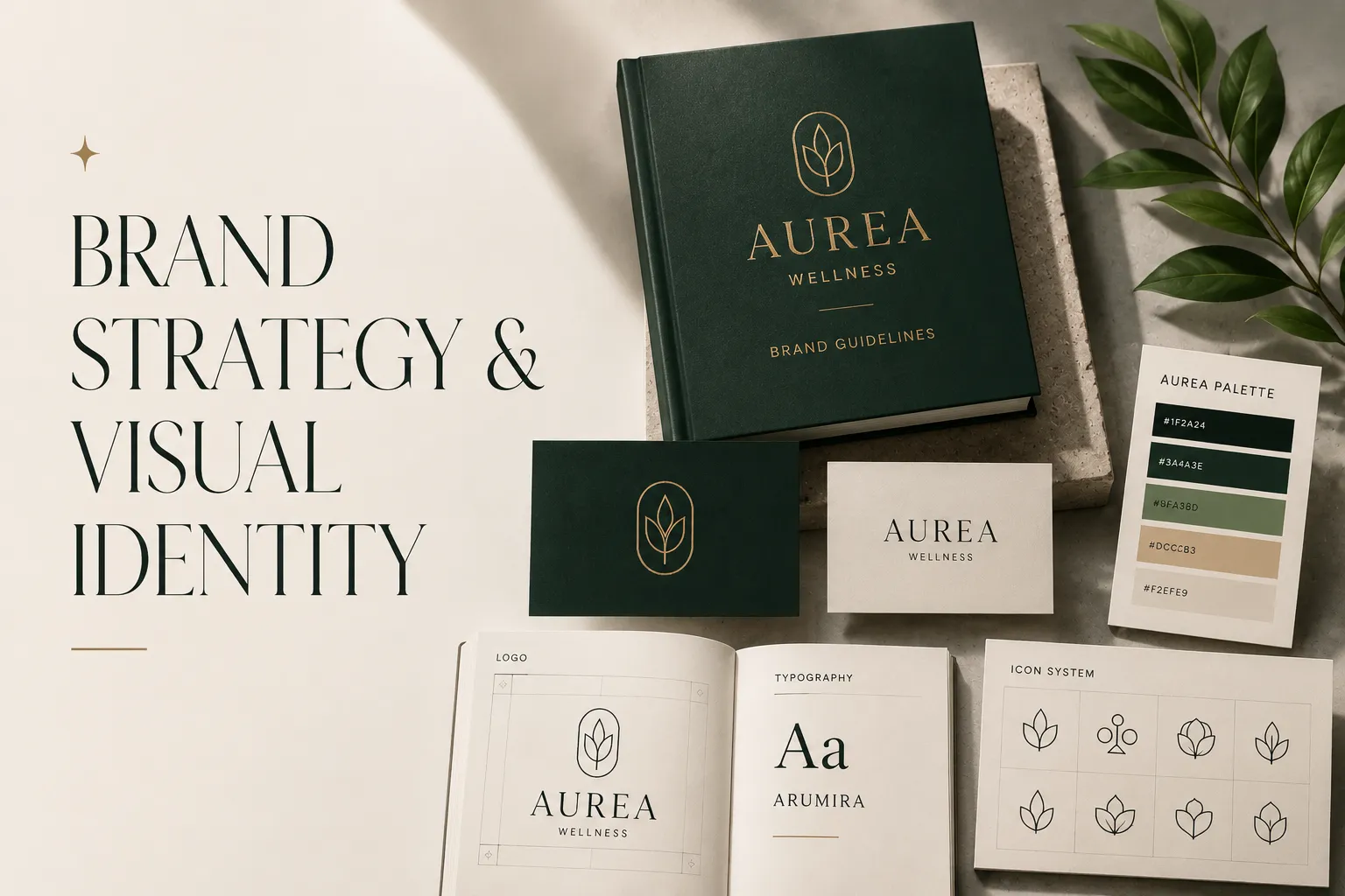 Strategic brand identity design services including logo design, brand guidelines, visual systems, icon design, and brand positioning frameworks