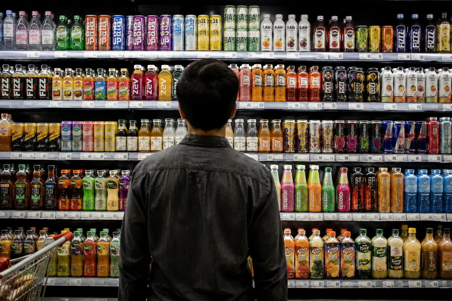 Customer comparing beverage packaging designs and product options on a supermarket shelf