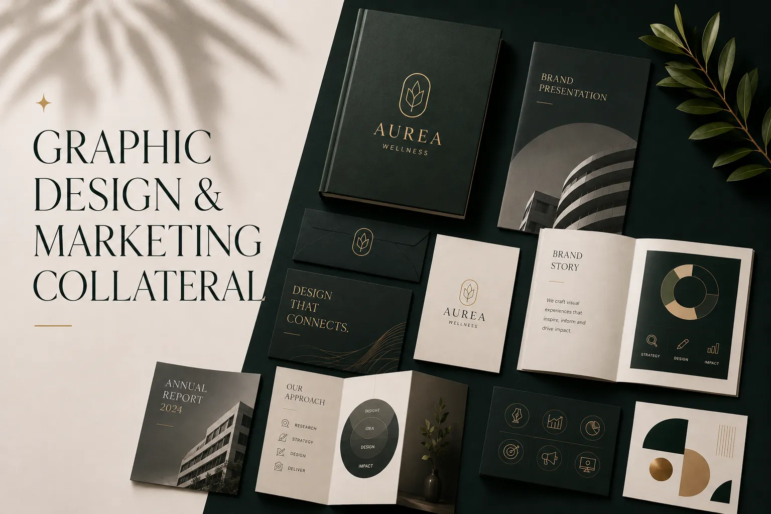 Graphic design services featuring brochures, reports, presentations, infographics, marketing collateral, and business communication materials