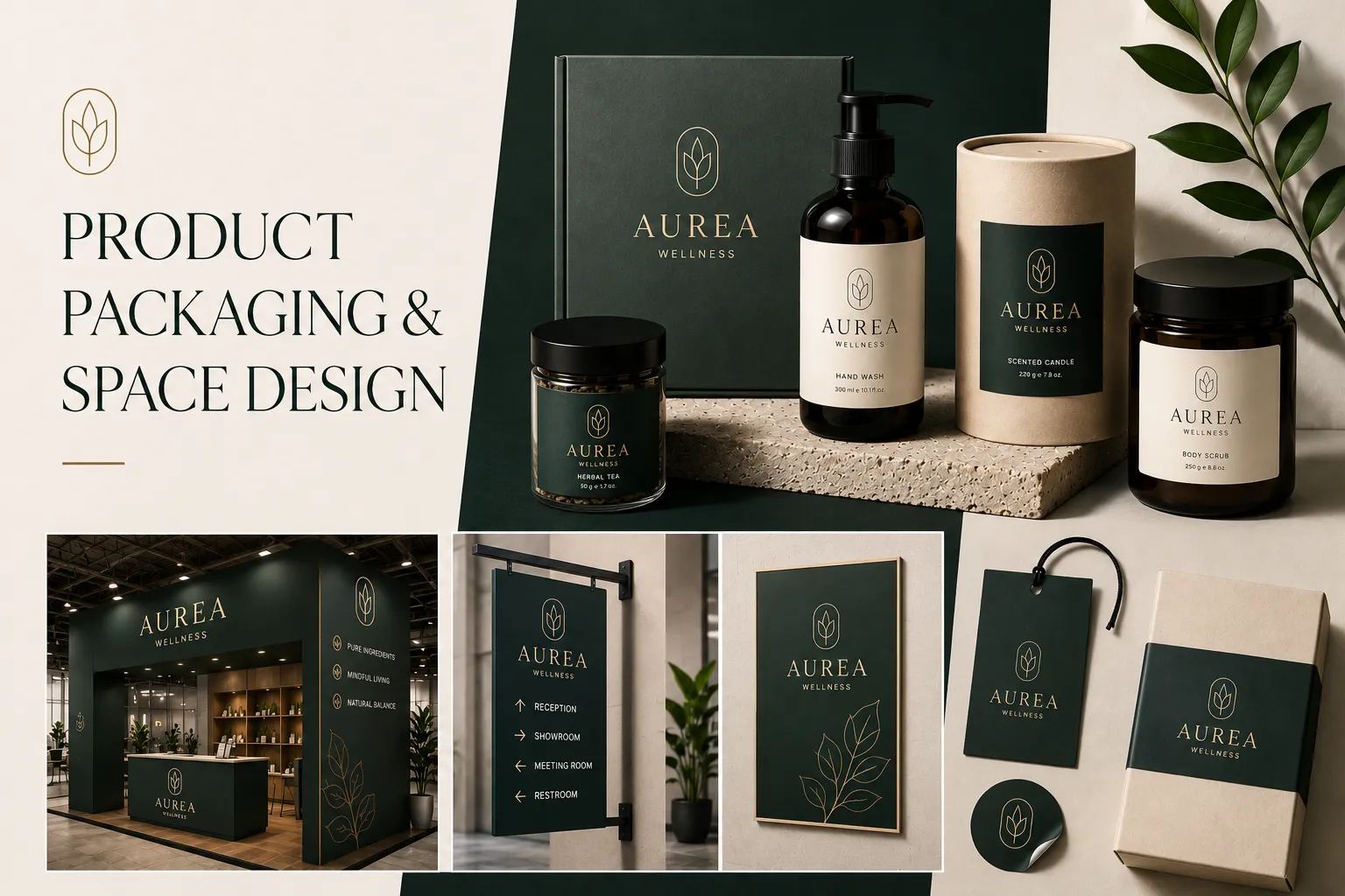 Product packaging design services including label design, box packaging, exhibition booth design, signage systems, and branded environments
