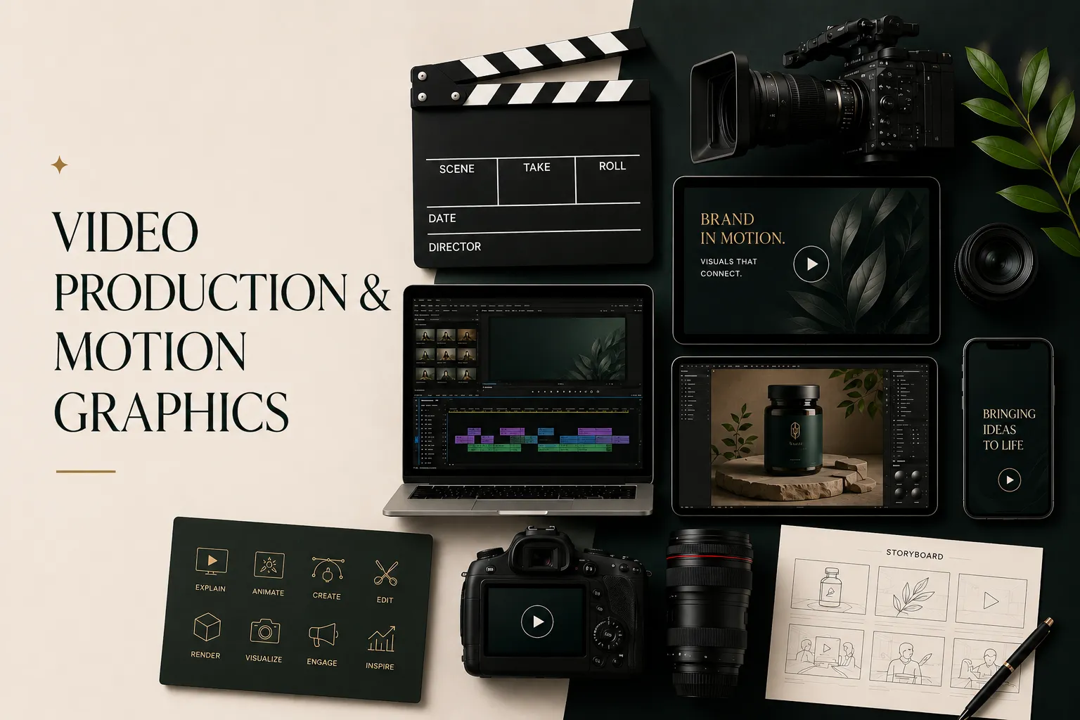 Motion graphics and video production services including explainer videos, animated content, video editing, and product visualizations
