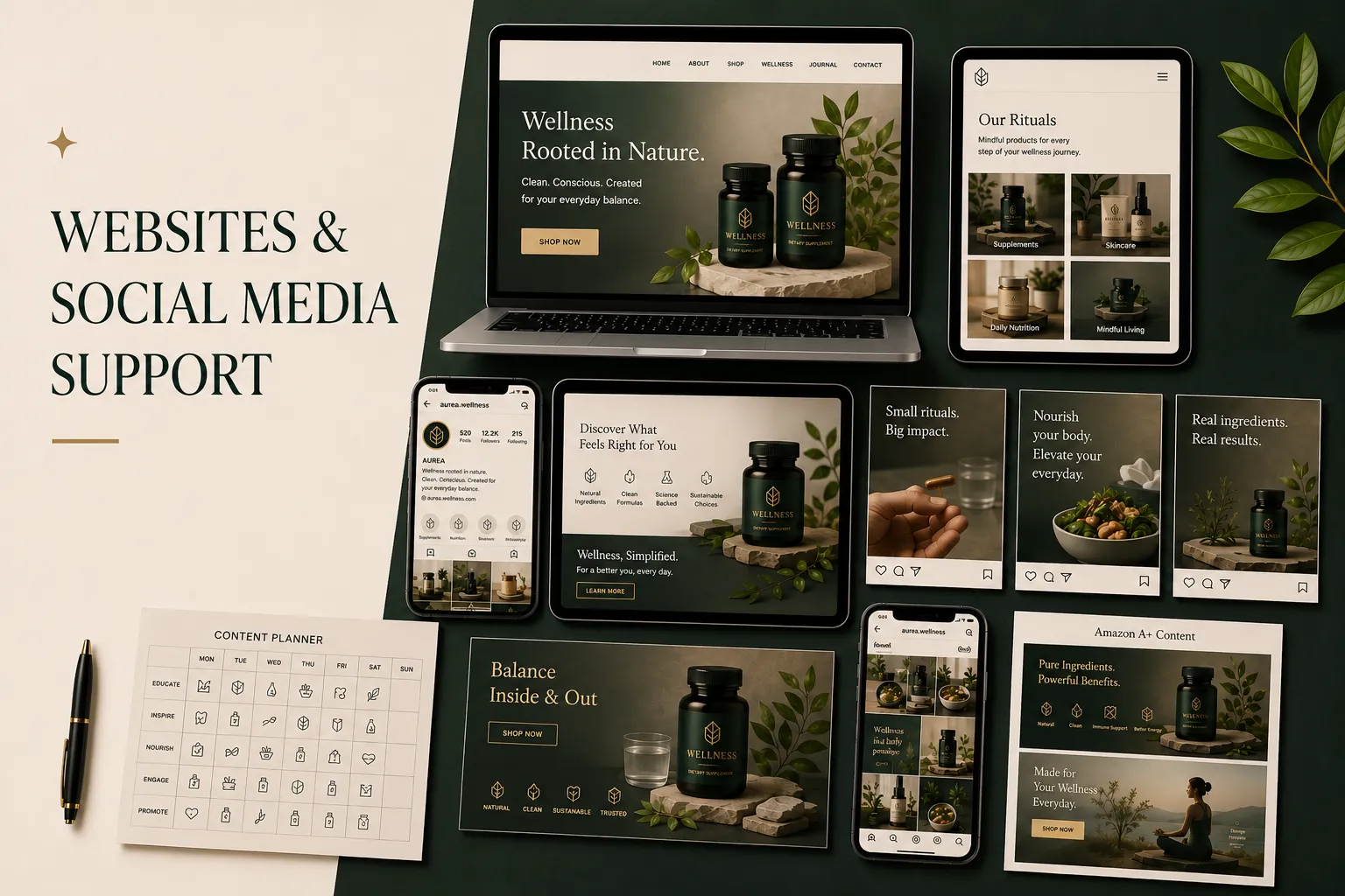 Website design and social media creative services including responsive websites, landing pages, Amazon A+ content, and digital marketing assets