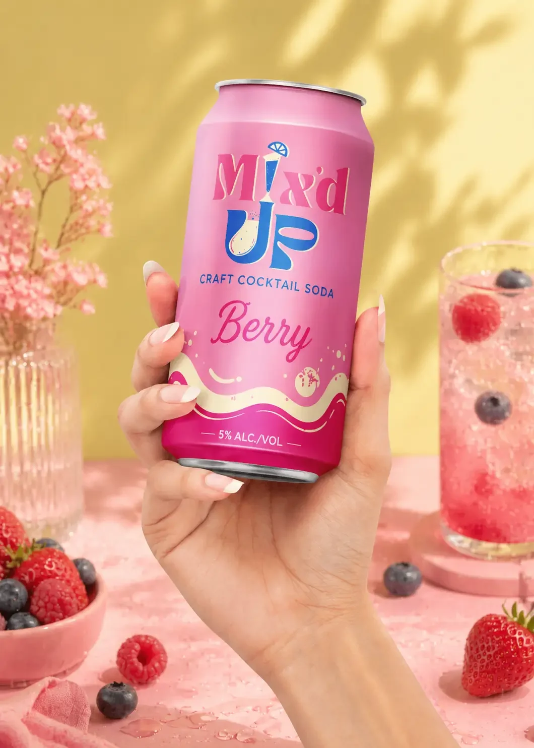 Mix’d Up Berry cocktail soda packaging design with vibrant pink beverage branding