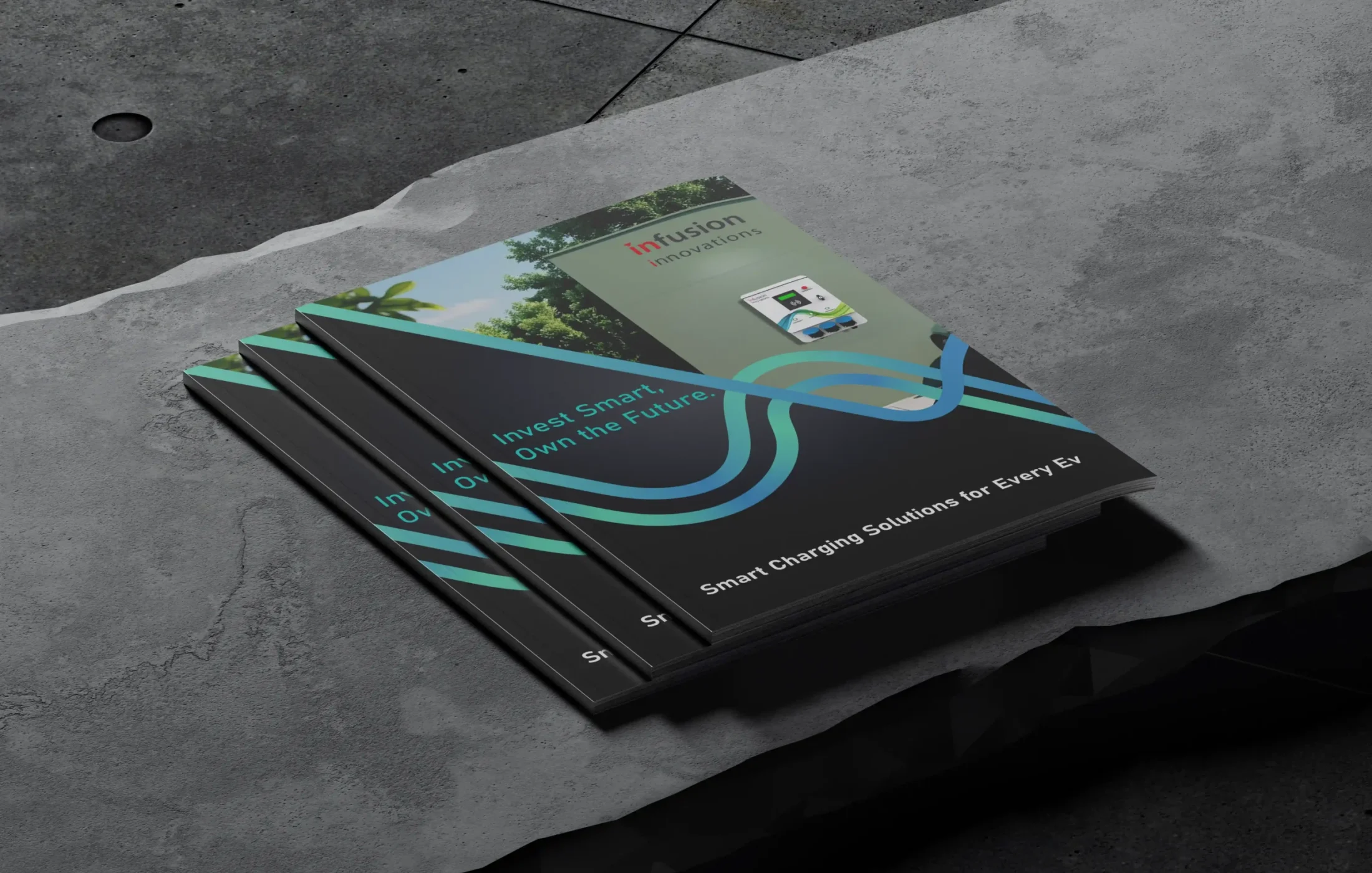 Brochure cover design for Infusion Innovations EV charging solutions featuring exhibition branding and print marketing collateral