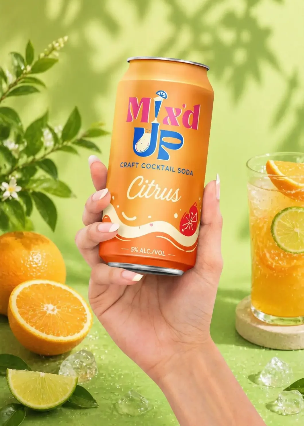 Mix’d Up Citrus craft cocktail soda can packaging design with fresh orange branding visuals