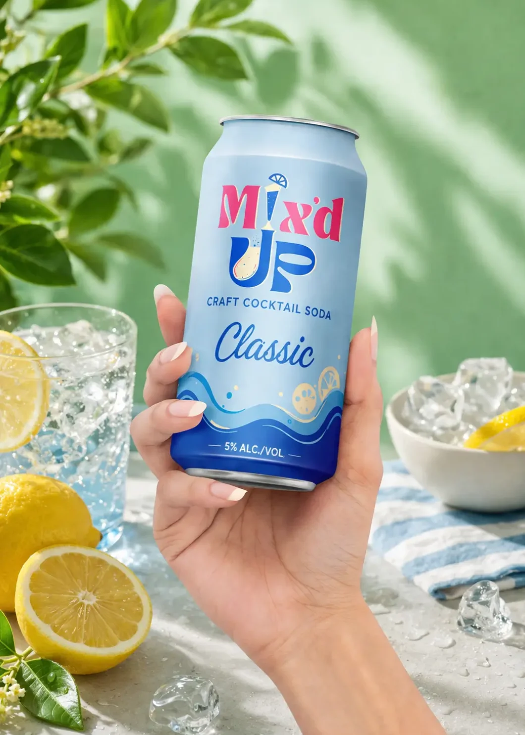 Mix’d Up Classic cocktail soda can packaging design with refreshing blue visual identity
